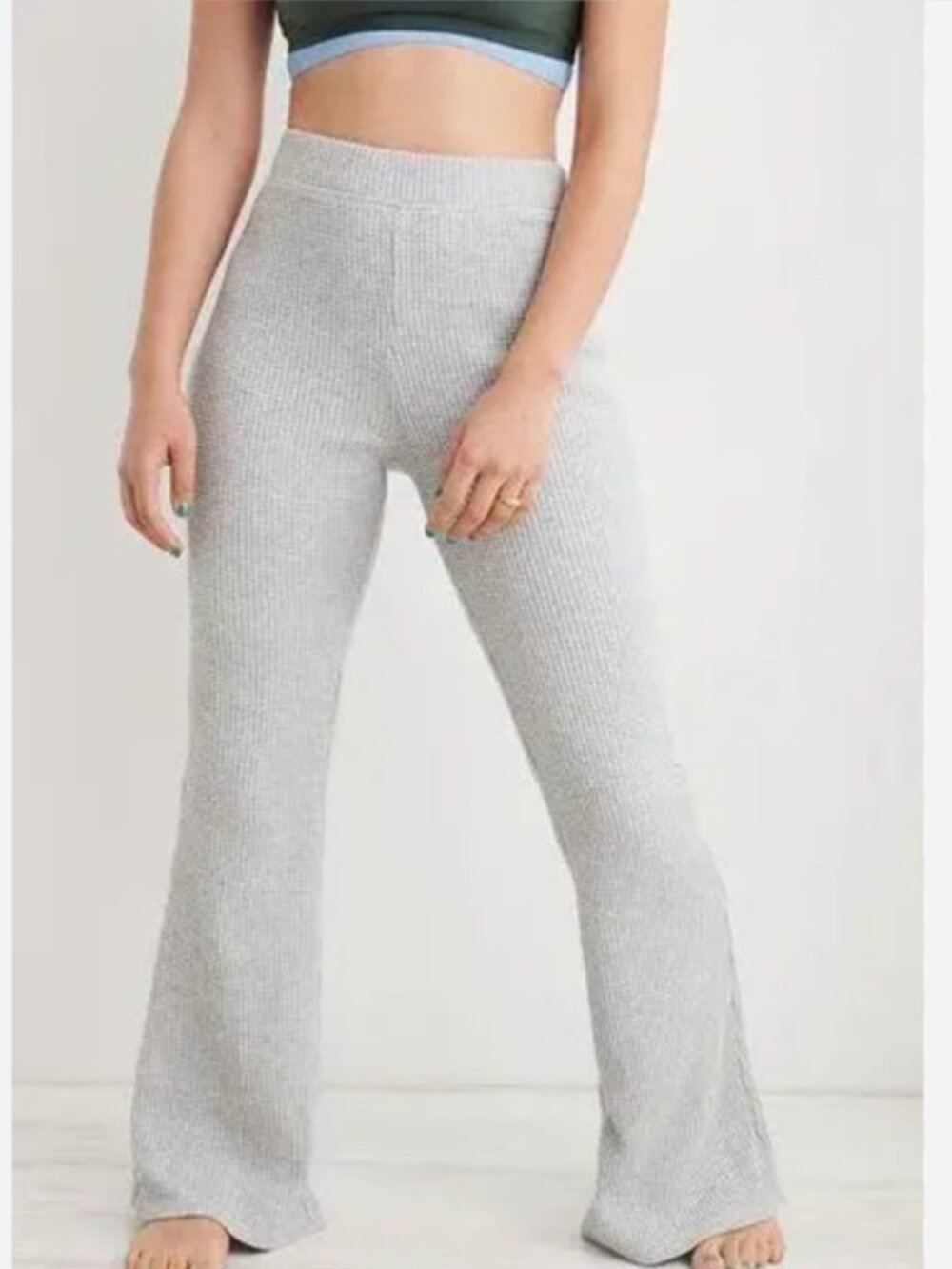 Aerie Grey Waffle Knit Flare Leggings Pants High Waisted Pull On Gray Lounge XS